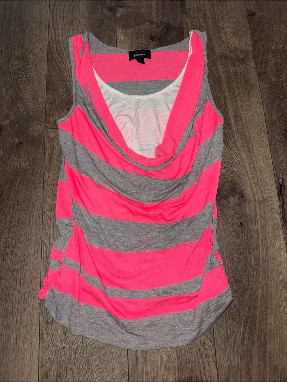 Iz Byer Neon Pink & Gray Striped Cowl Neck Tank Top
